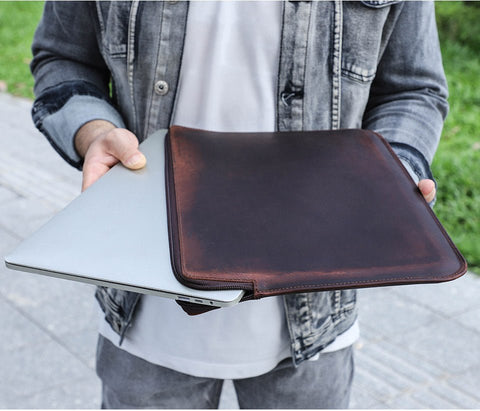 Retro Crazy Horse Leather Notebook Zipper Computer Bag - Zambeel