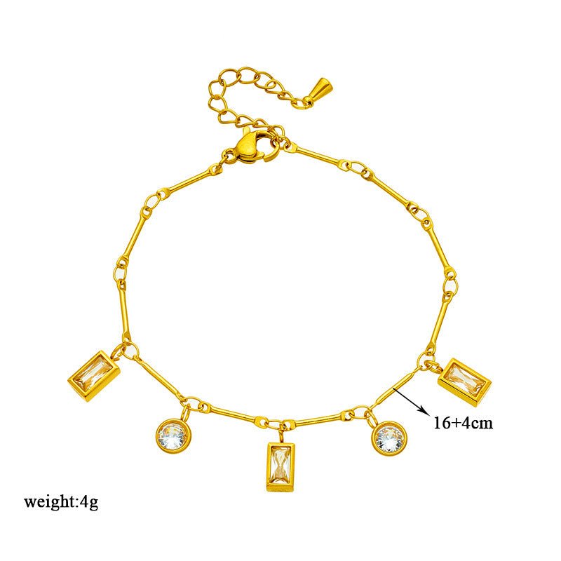 Round Square Rhinestone - encrusted Chain Ornament Bracelet - Zambeel