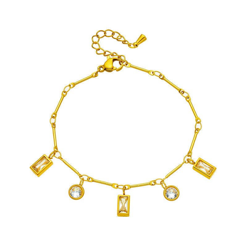 Round Square Rhinestone - encrusted Chain Ornament Bracelet - Zambeel