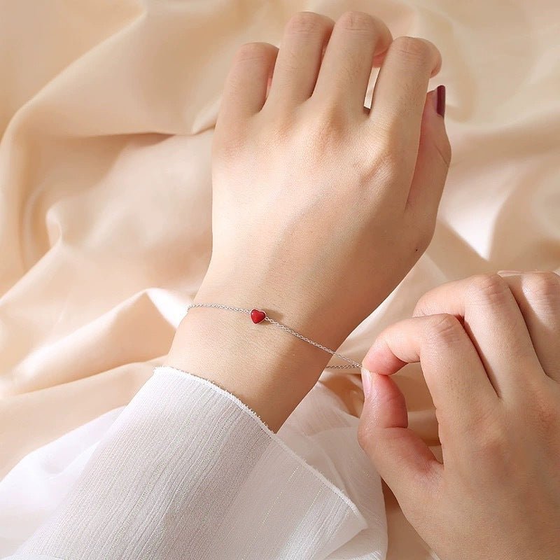 S925 Silver Bracelet Female Korean Style Red Heart Bracelet - Zambeel
