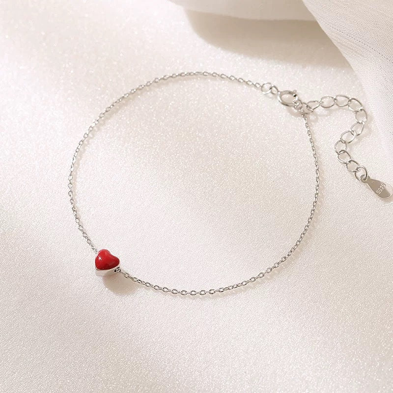 S925 Silver Bracelet Female Korean Style Red Heart Bracelet - Zambeel