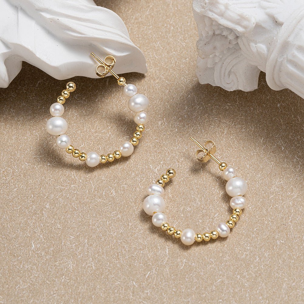 S925 Sterling Silver Earrings Round Beads String Natural - Zambeel