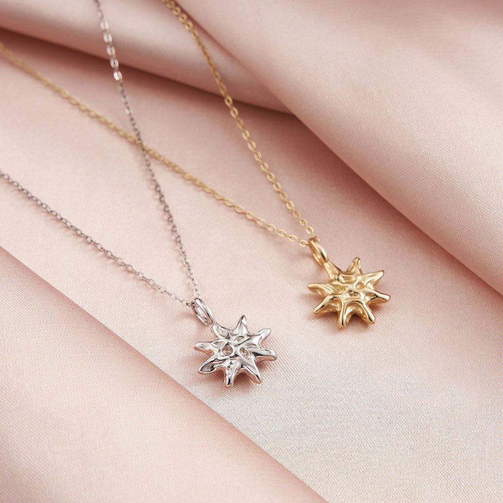 S925 Sterling Silver Hammered Star Pendant Necklace 14K Gold Plated Chain - Zambeel