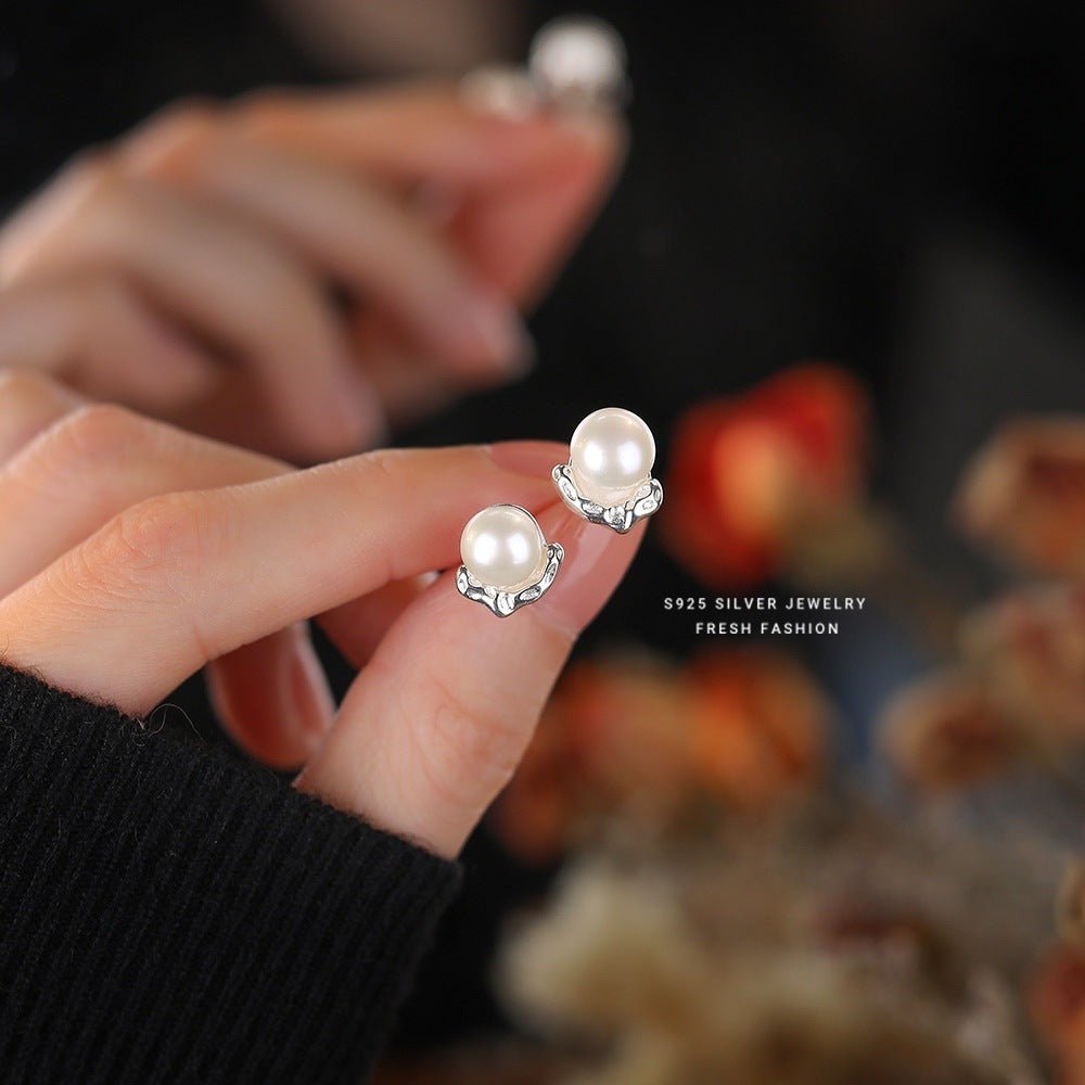 S925 Sterling Silver Lava Texture Pearl Stud Earrings For Women - Zambeel