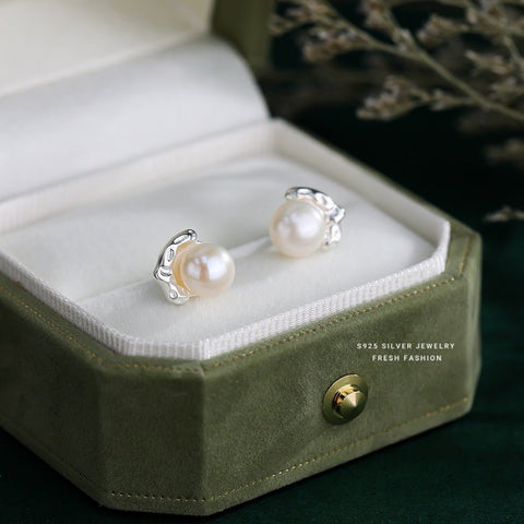 S925 Sterling Silver Lava Texture Pearl Stud Earrings For Women - Zambeel