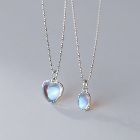 S925 Sterling Silver Synthetic Glass Heart Oval Necklace - Zambeel