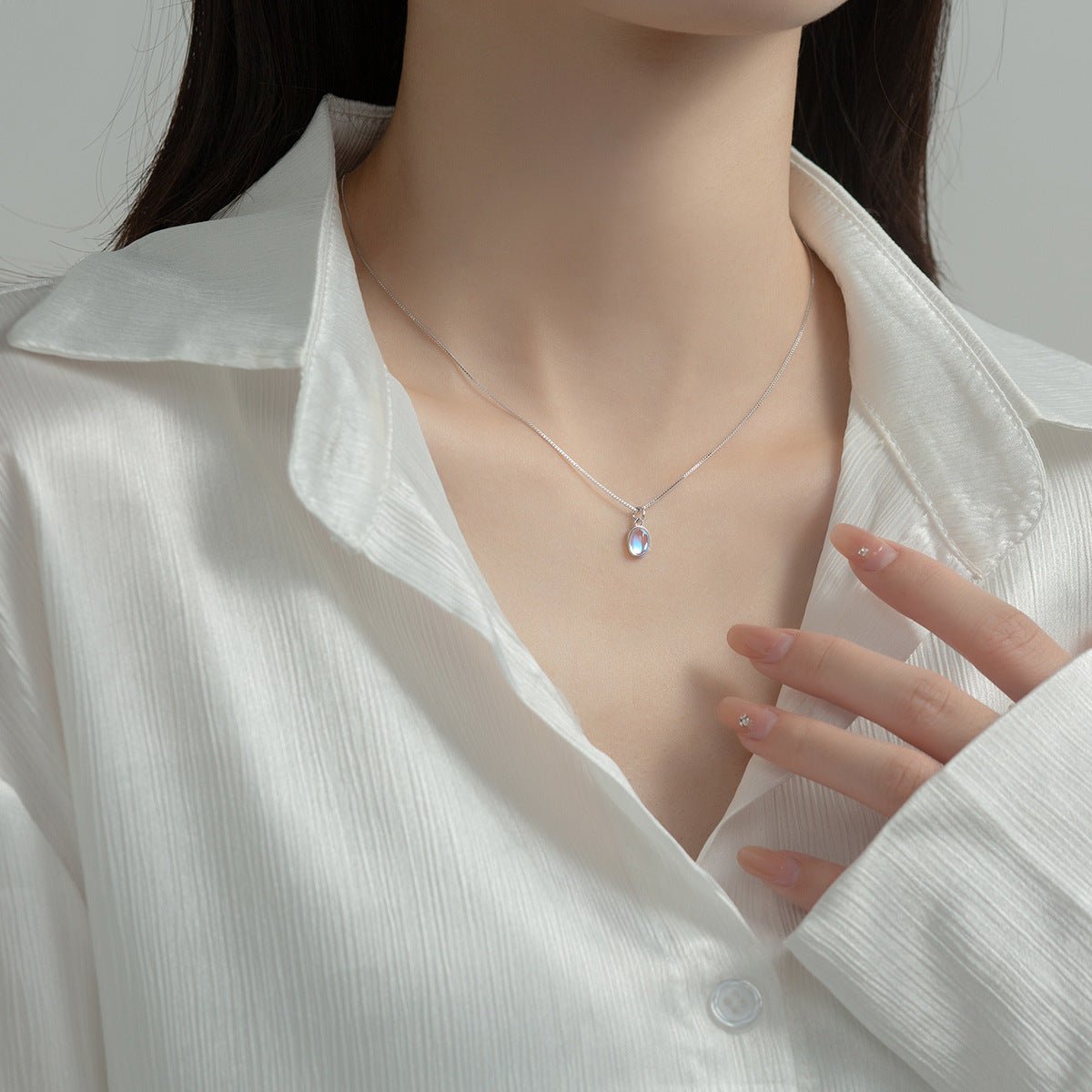 S925 Sterling Silver Synthetic Glass Heart Oval Necklace - Zambeel