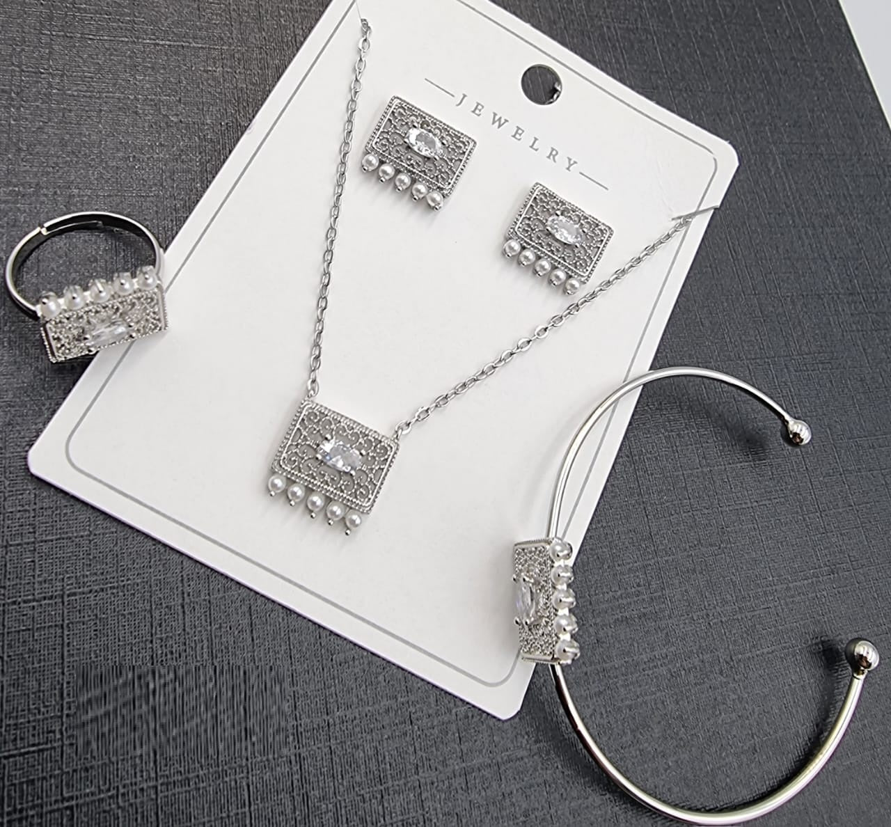Silver Rectangle Crystal & Pearl Jewelry Set - Zambeel