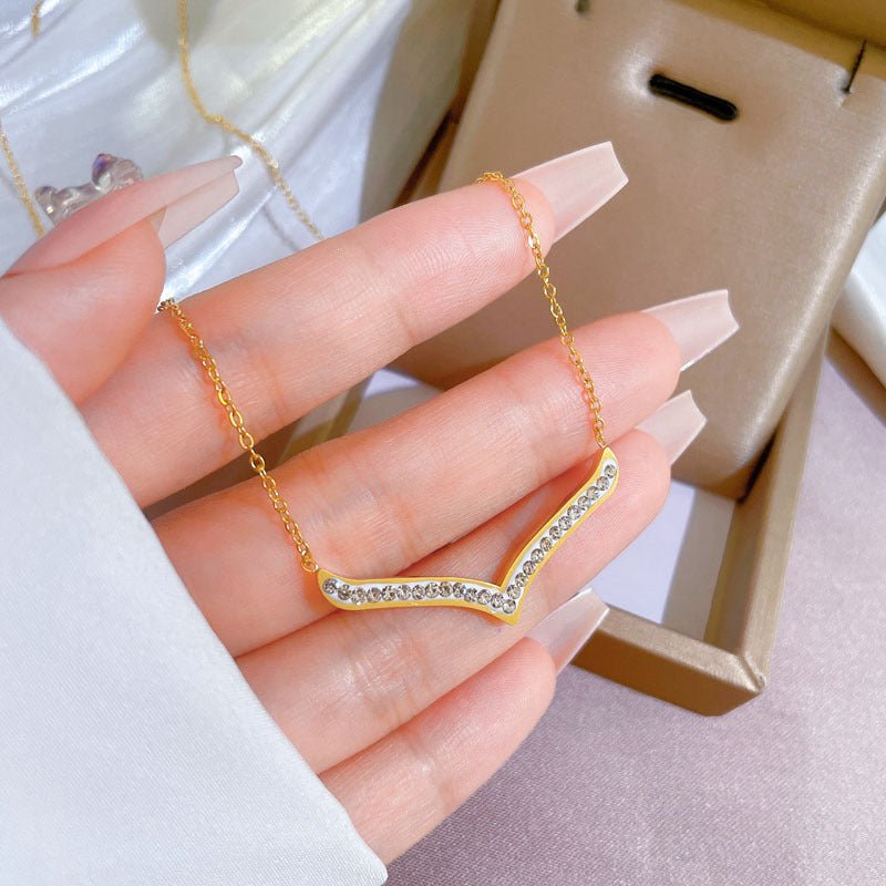 Simple Style Full Diamond Large V Furnace Real Gold Necklace - Zambeel