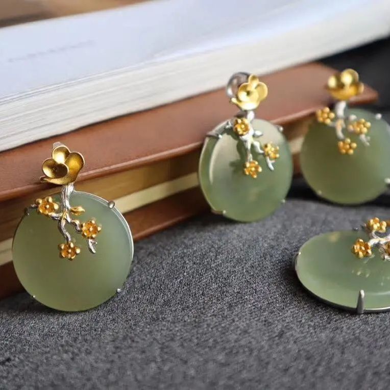 Sterling Silver Gold Plated Hotian Jade Pendant Necklace - Zambeel