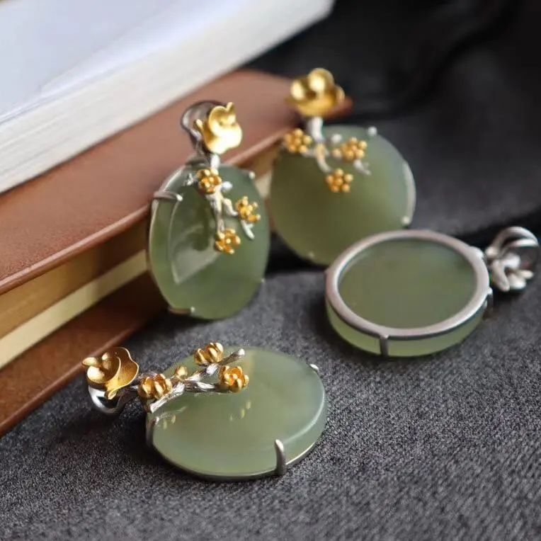 Sterling Silver Gold Plated Hotian Jade Pendant Necklace - Zambeel