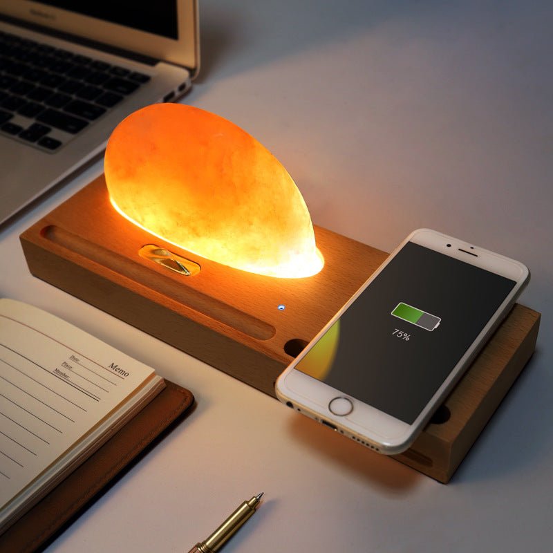 Sunrise Oriental LED Gift Table Lamp Salt Lamp With Mobile Phone Wireless Charging Solid Wood Base Mineral Salt Lamp Shade - Zambeel