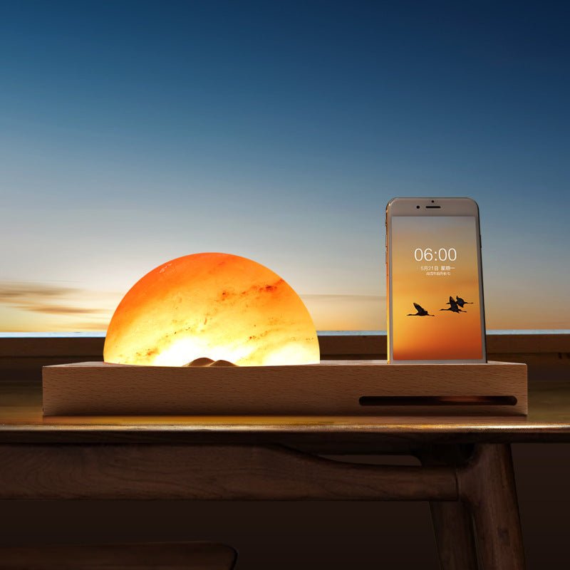Sunrise Oriental LED Gift Table Lamp Salt Lamp With Mobile Phone Wireless Charging Solid Wood Base Mineral Salt Lamp Shade - Zambeel