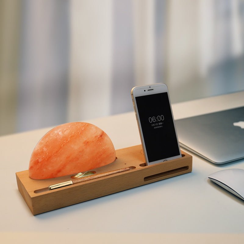 Sunrise Oriental LED Gift Table Lamp Salt Lamp With Mobile Phone Wireless Charging Solid Wood Base Mineral Salt Lamp Shade - Zambeel