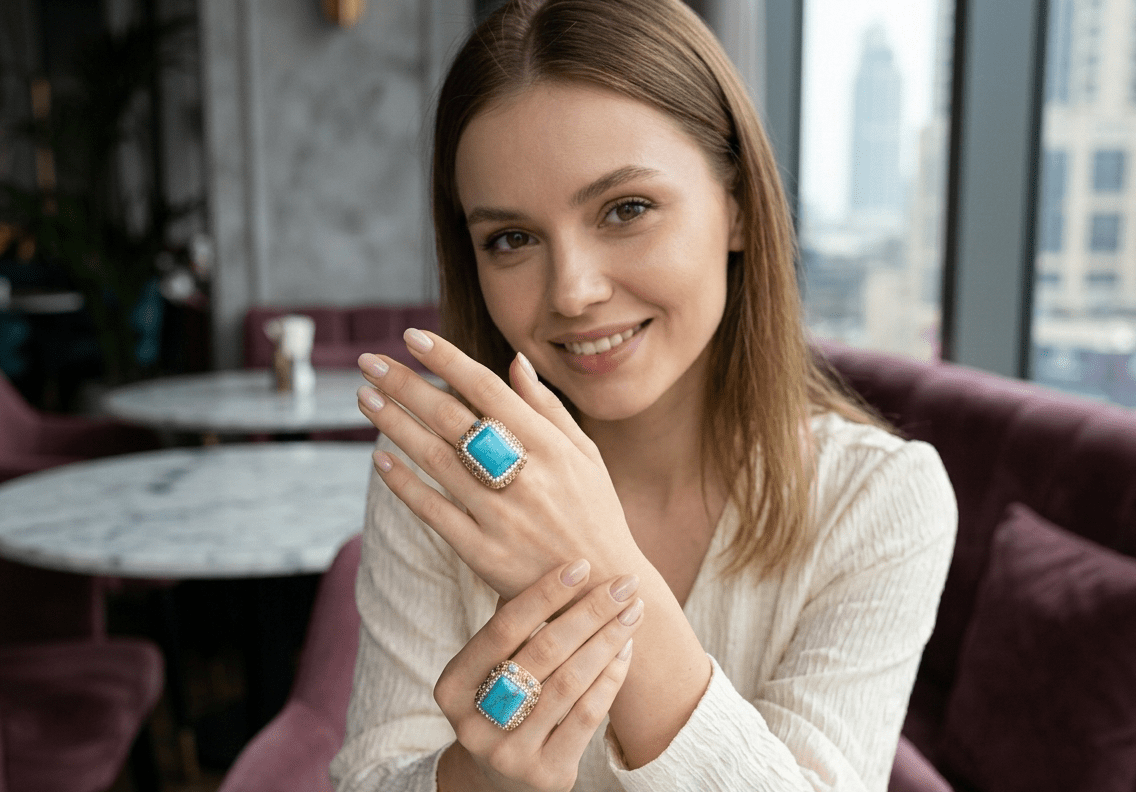 Turquoise Square Crystal Statement Ring - Zambeel