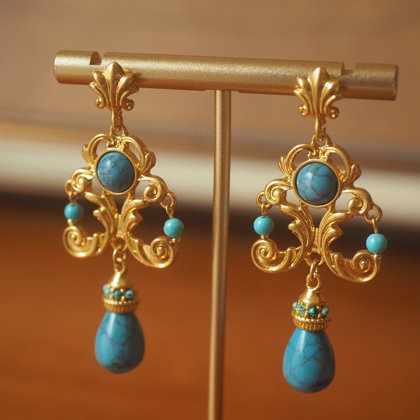 Vintage Palace Style Turquoise Earrings - Handcrafted Floral Carved Drop Earrings - Zambeel