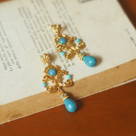 Vintage Palace Style Turquoise Earrings - Handcrafted Floral Carved Drop Earrings - Zambeel