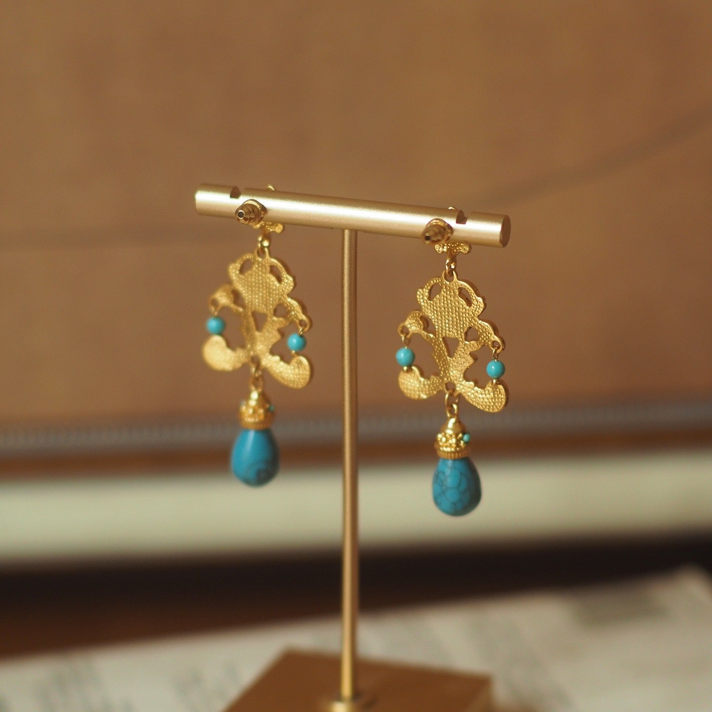 Vintage Palace Style Turquoise Earrings - Handcrafted Floral Carved Drop Earrings - Zambeel