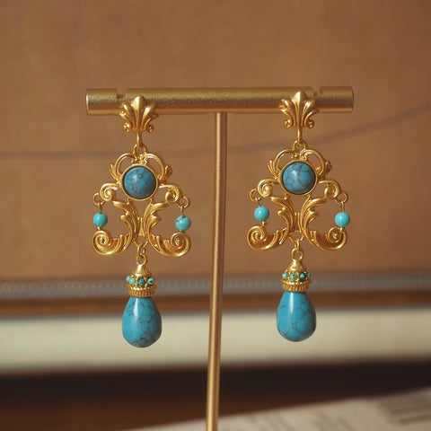 Vintage Palace Style Turquoise Earrings - Handcrafted Floral Carved Drop Earrings - Zambeel
