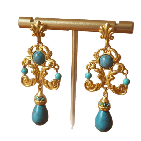 Vintage Palace Style Turquoise Earrings - Handcrafted Floral Carved Drop Earrings - Zambeel