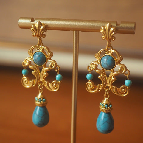 Vintage Palace Style Turquoise Earrings - Handcrafted Floral Carved Drop Earrings - Zambeel