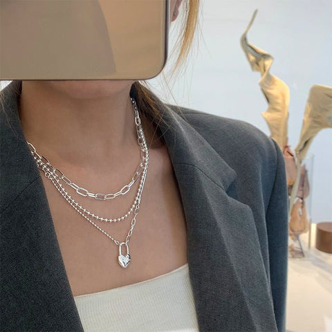 Women's Double - Layer Chain Heart - Shape Lock Necklace S925 Sterling Silver - Zambeel