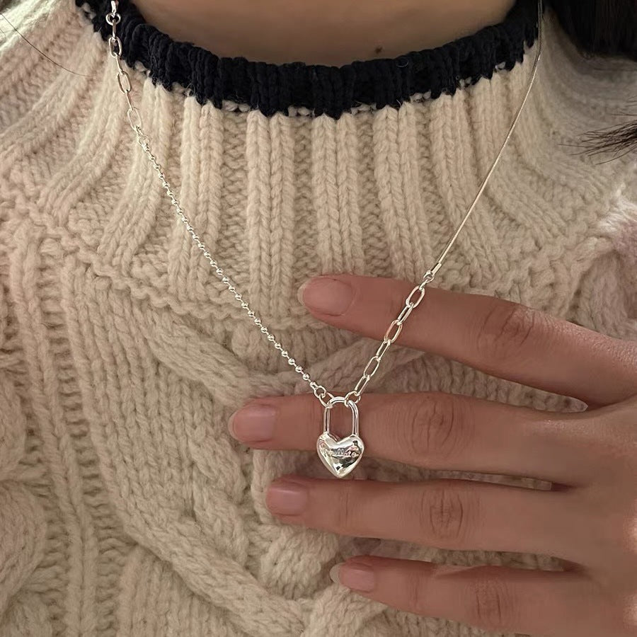 Women's Double - Layer Chain Heart - Shape Lock Necklace S925 Sterling Silver - Zambeel