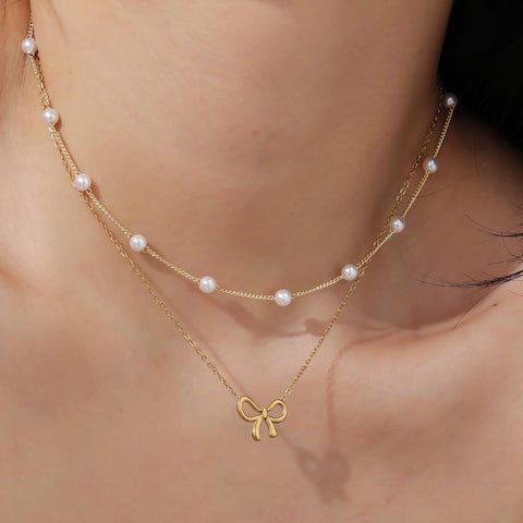 Women's Minimalist And Versatile Pearl Bow Necklace Fashion Jewelry - Zambeel